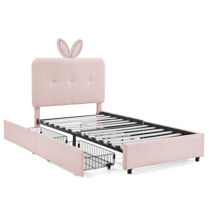 Twin size kids upholstered bed with oversized rabbit ear headboard in blush pink fabric on Tampa Home & Garden Store