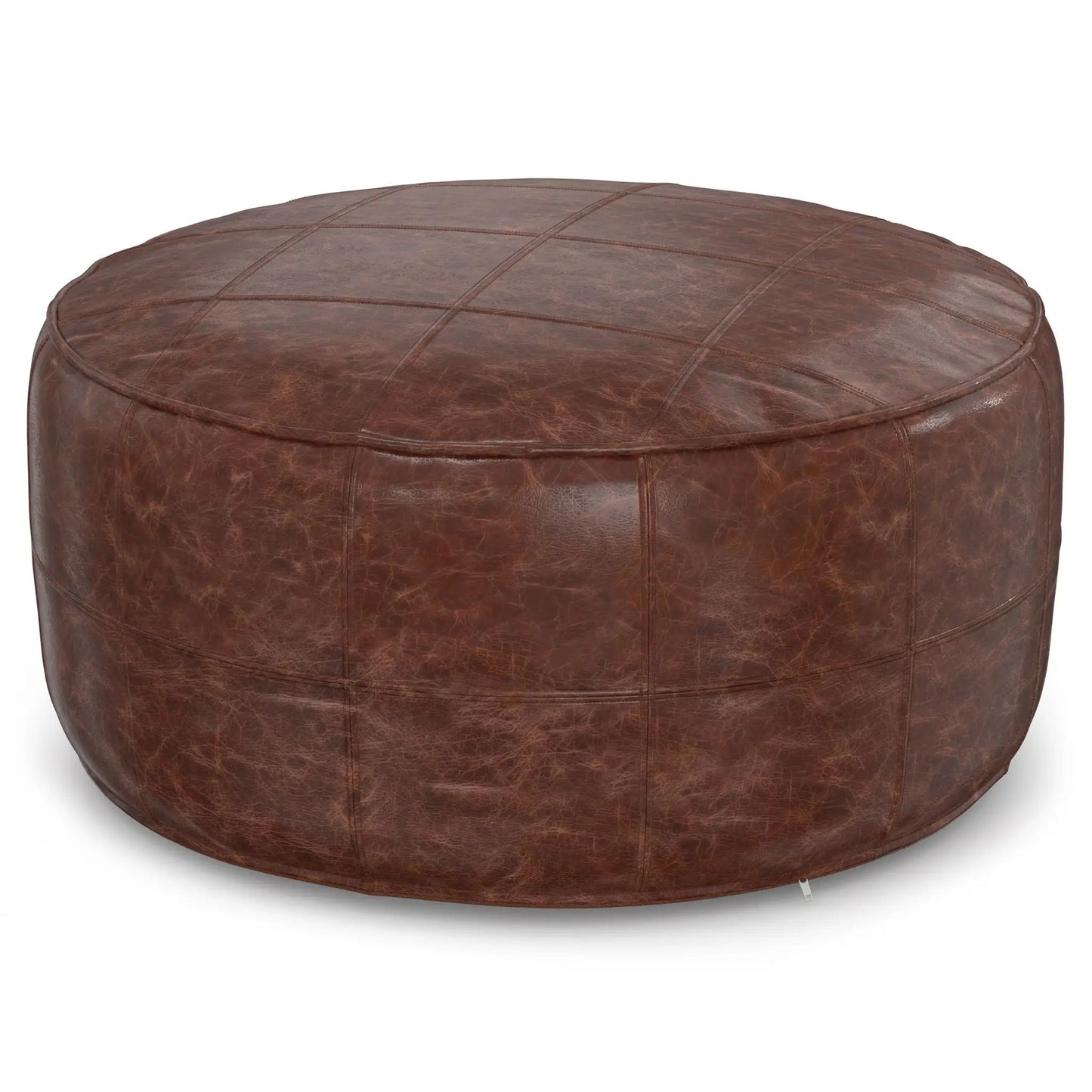 Connor - Handcrafted Round Pouf, brown leather with grid-stitched top on Tampa Home & Garden Store