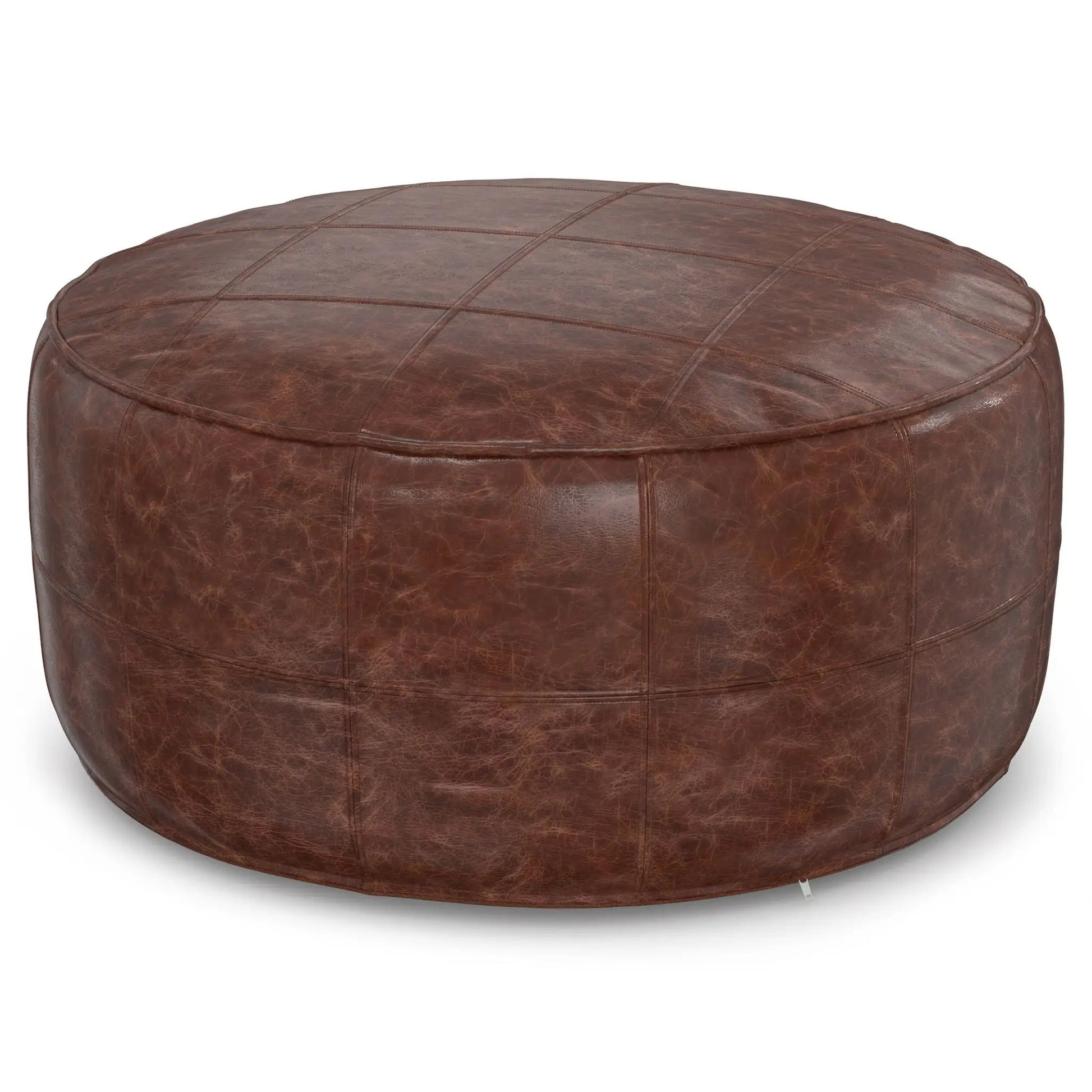 Connor - Handcrafted Round Pouf, brown leather with grid-stitched top on Tampa Home & Garden Store
