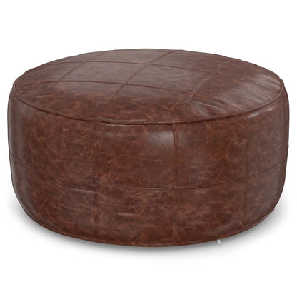 Connor - Handcrafted Round Pouf, brown leather with grid-stitched top on Tampa Home & Garden Store