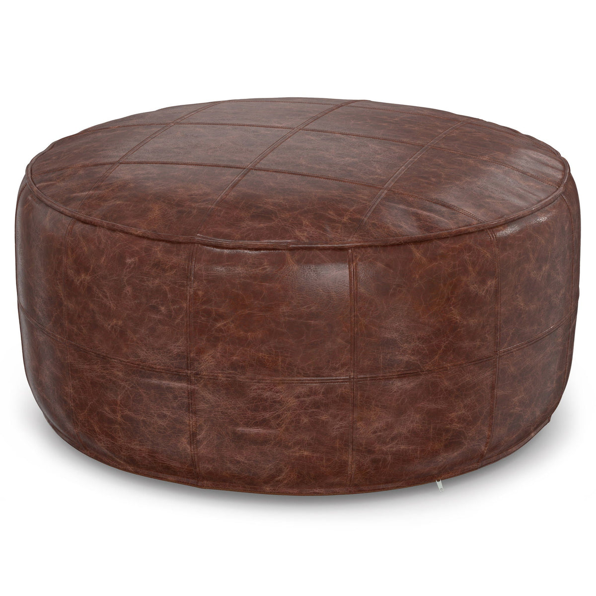 Handcrafted round leather pouf with distressed brown leather and stitched grid pattern on Tampa Home & Garden Store