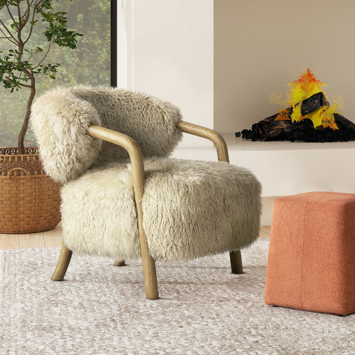 HouseOfZazla Rustic Oak sheepskin arm chair pair in taupe beige with ergonomic comfort on Tampa Home & Garden Store