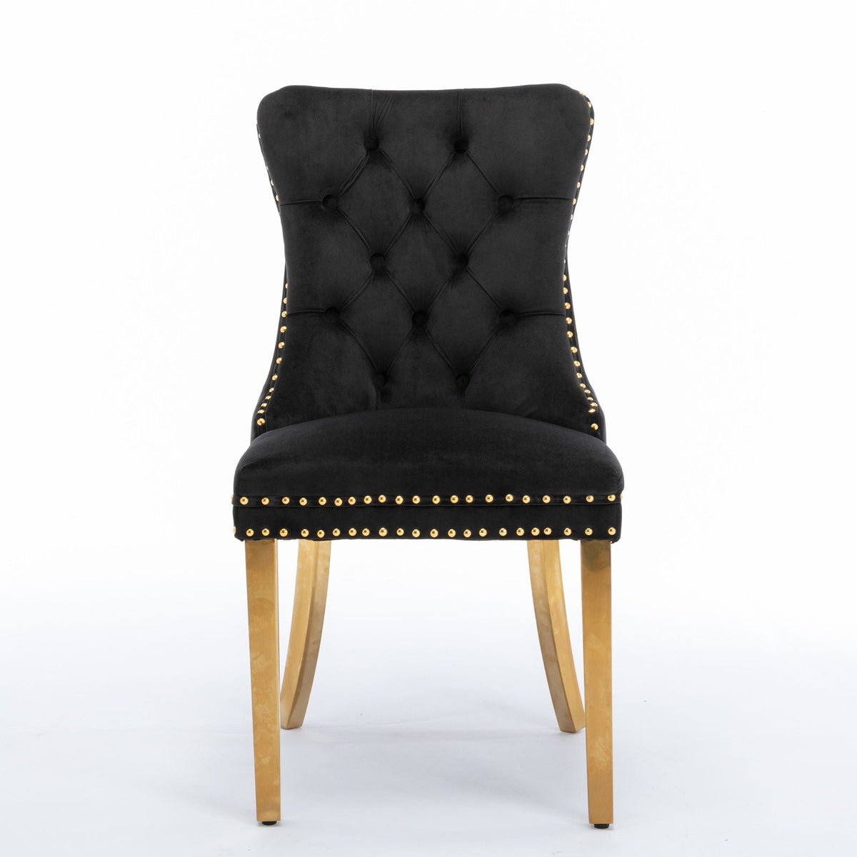 Black velvet tufted dining chair with gold nailhead trim and gold legs on Tampa Home & Garden Store