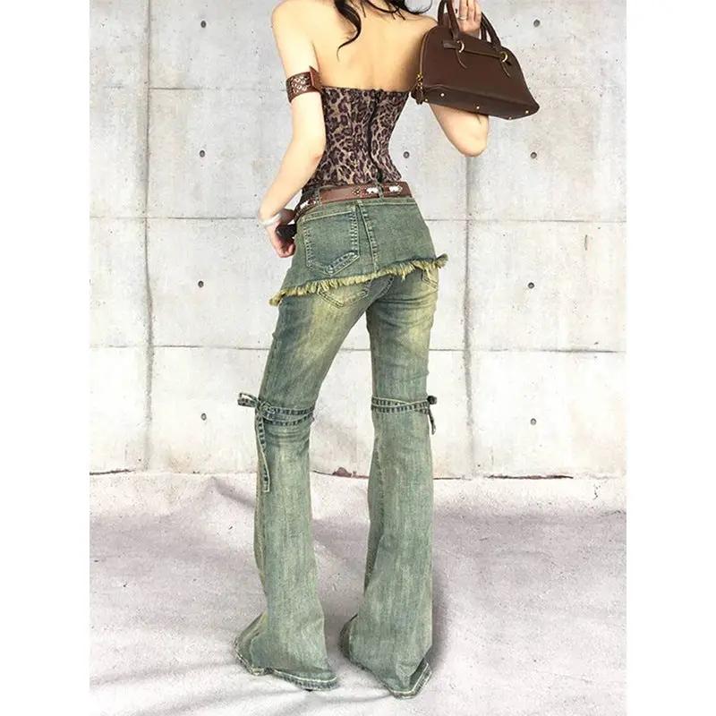 Womens Distressed Lace-up Vintage Denim Jeans green wash with fringe FLIPSTYLEZLLC on Tampa Home & Garden Store