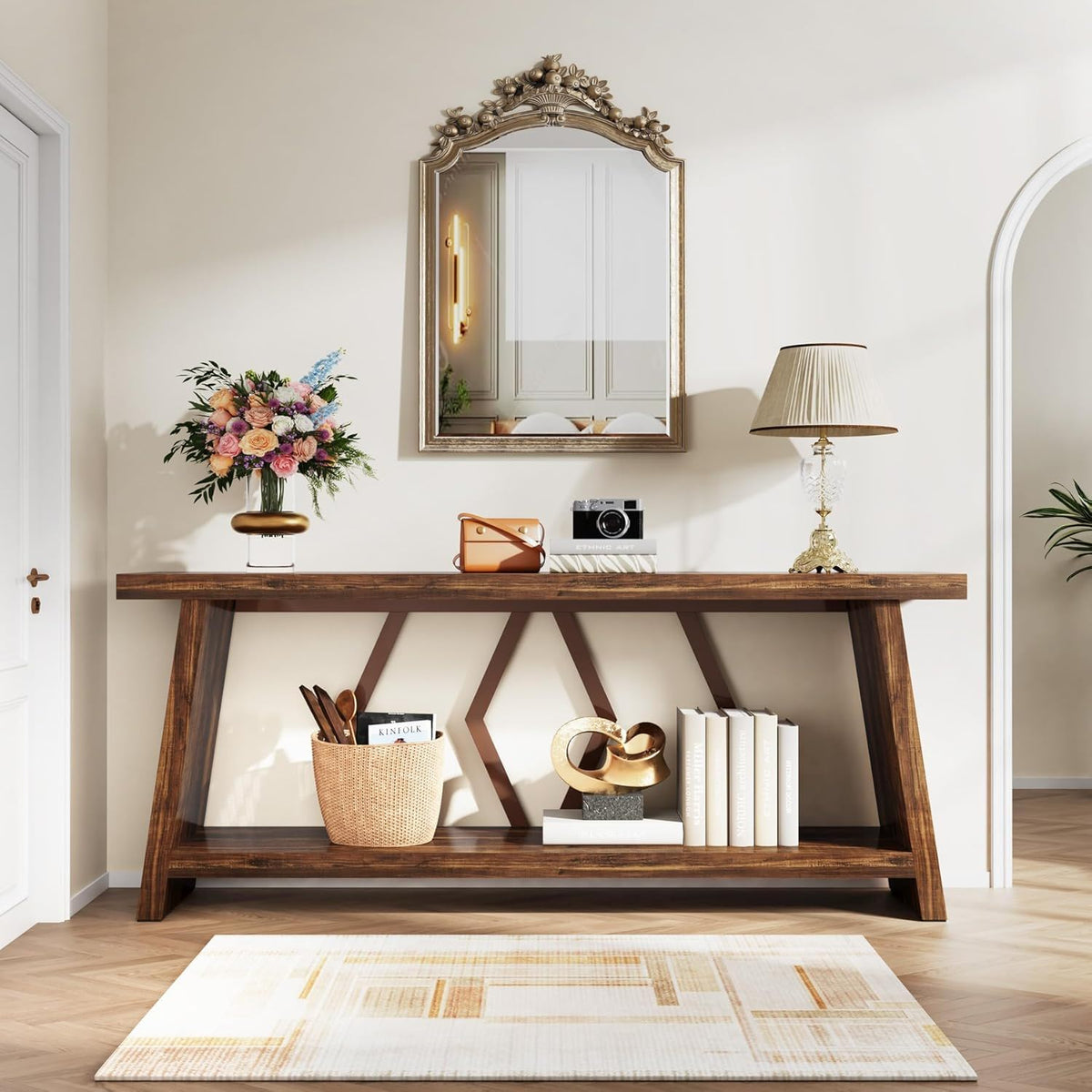 Accent Extra Long Console Table with Two-Tier Storage, brown wood finish by HouseOfZazla on Tampa Home & Garden Store