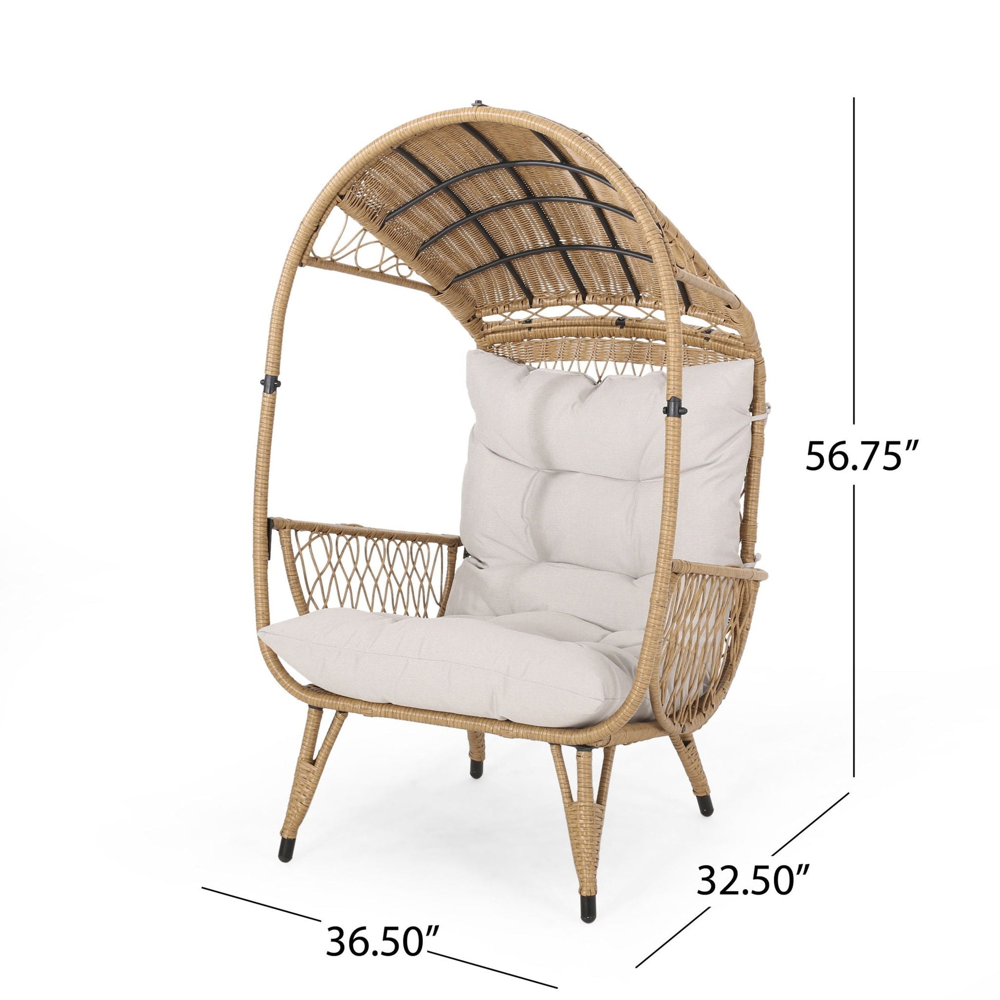 Outdoor wicker standing basket chair with beige cushion, curved back and natural frame on Tampa Home & Garden Store