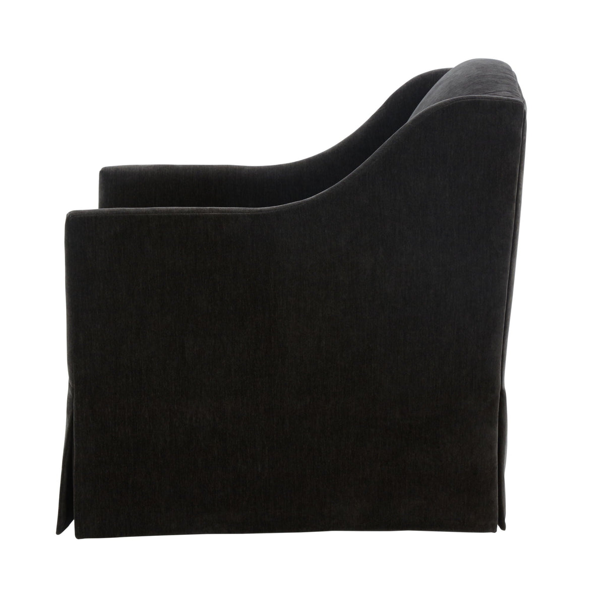 Skirted swivel accent chair in dark charcoal upholstery with curved arms on Tampa Home & Garden Store