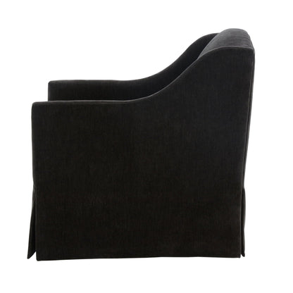 Skirted swivel accent chair in dark charcoal upholstery with curved arms on Tampa Home & Garden Store