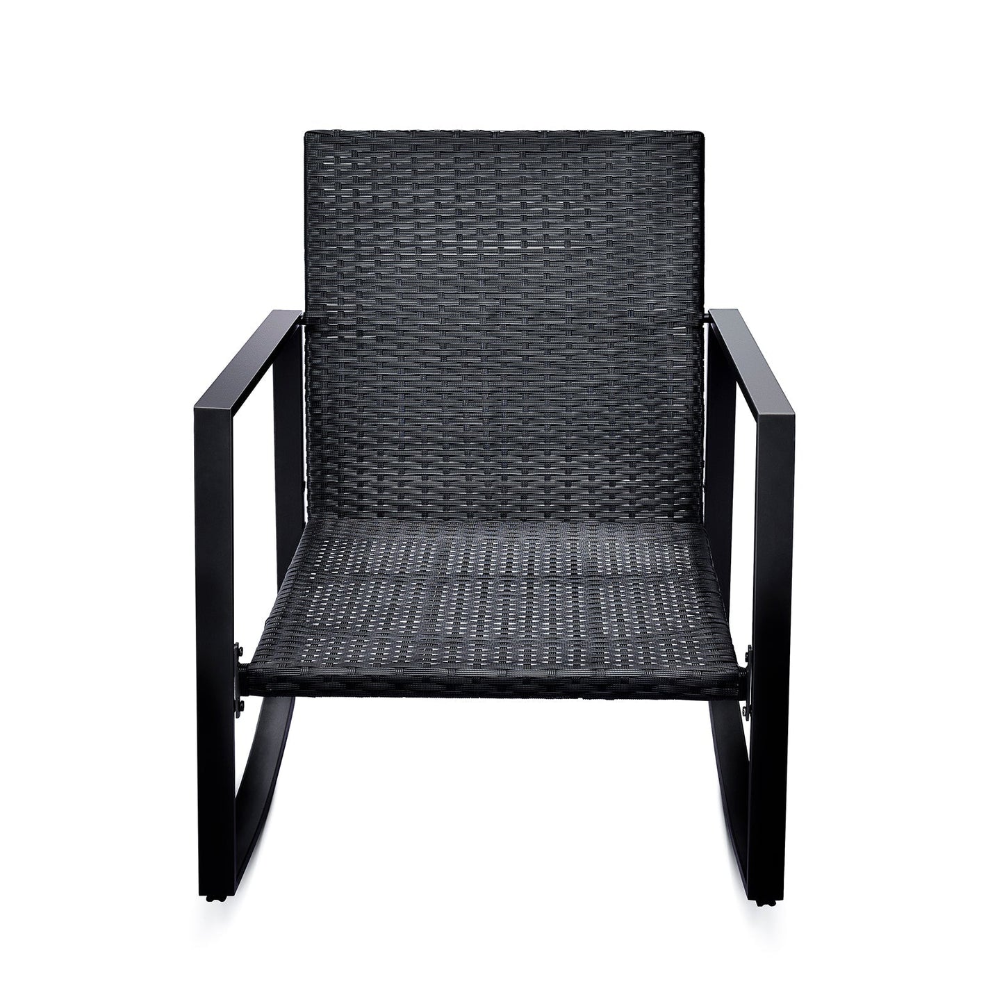 Black wicker rocking chair with metal frame for outdoor use on Tampa Home & Garden Store