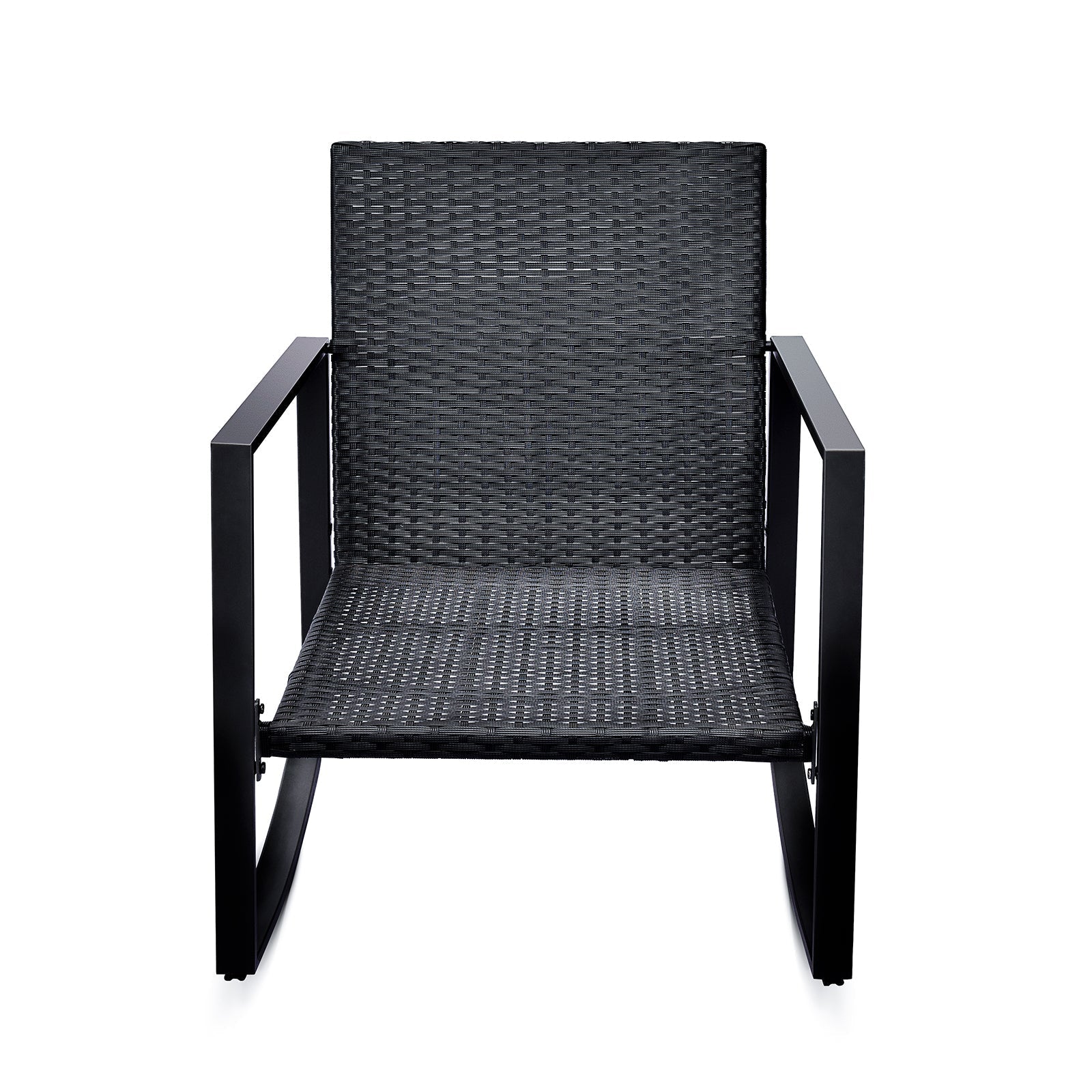 Black wicker rocking chair with metal frame for outdoor use on Tampa Home & Garden Store
