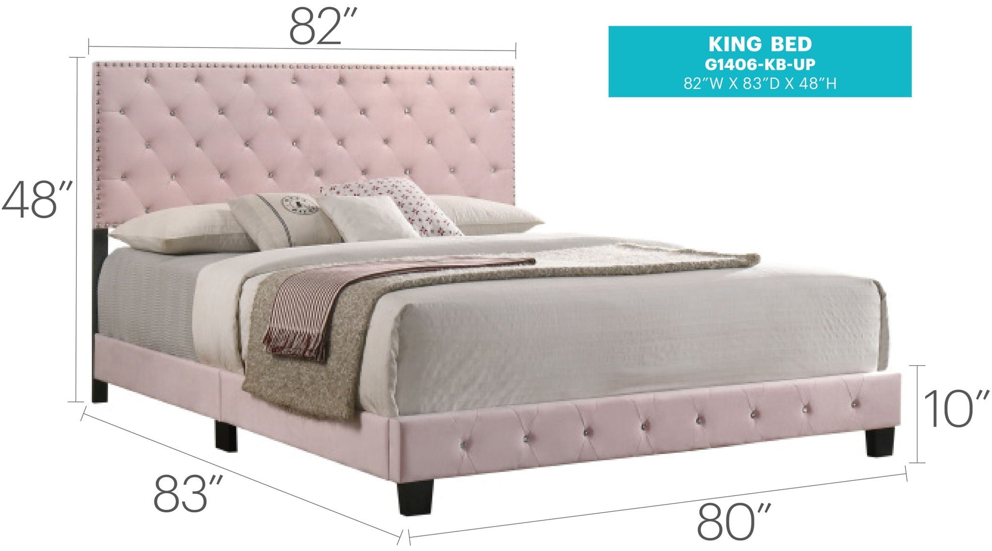 Luxurious Upholstered Bed king size in blush pink with tufted headboard and crystal accents on Tampa Home & Garden Store