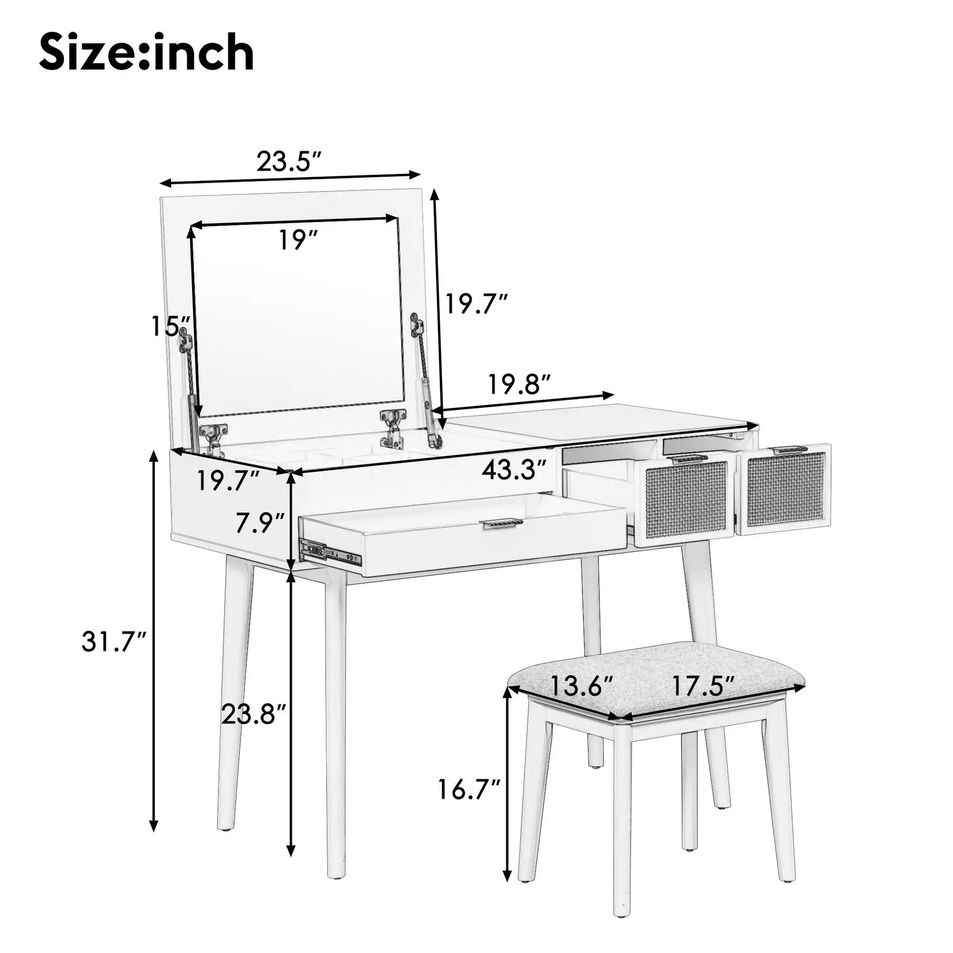 Wood makeup vanity set with flip-top mirror and stool, three drawers by Unique Piece Furniture on Tampa Home & Garden Store