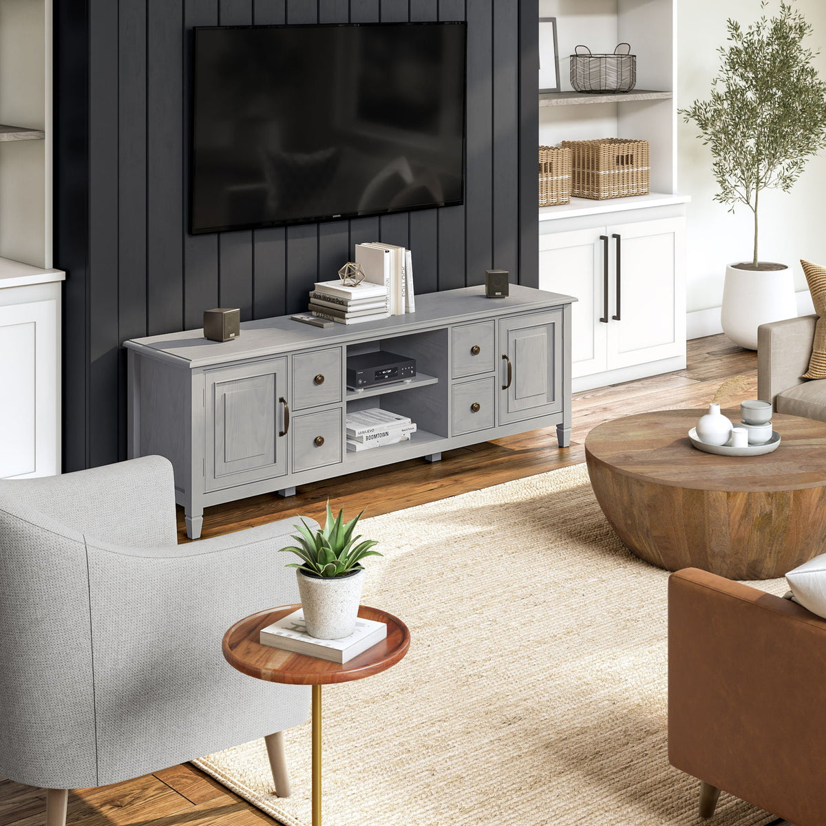 Sturdy solid wood TV stand with wide storage, gray finish, open cubbies, HouseOfZazla on Tampa Home & Garden Store