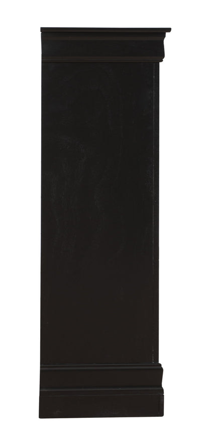 Accent chest in black finish, tall narrow silhouette with crown molding top and base on Tampa Home & Garden Store
