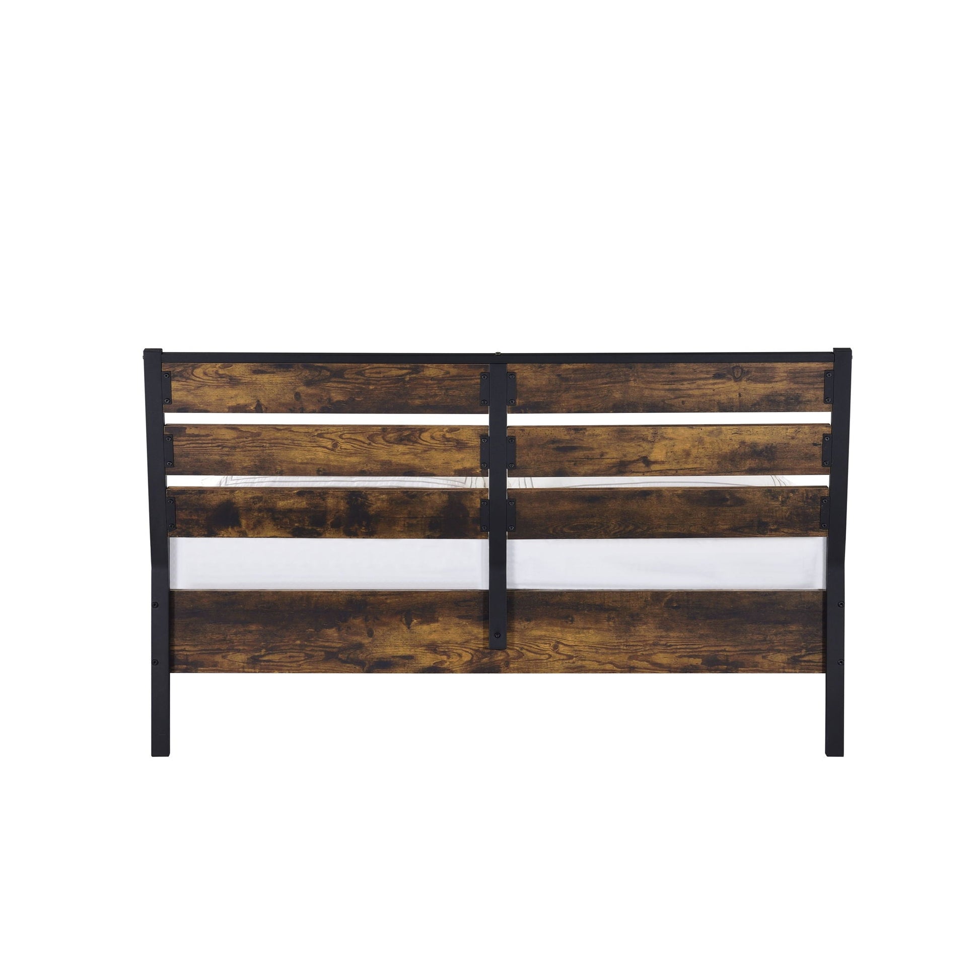 Juvanth Rustic Bed panel footboard in dark brown wood with black metal frame on Tampa Home & Garden Store