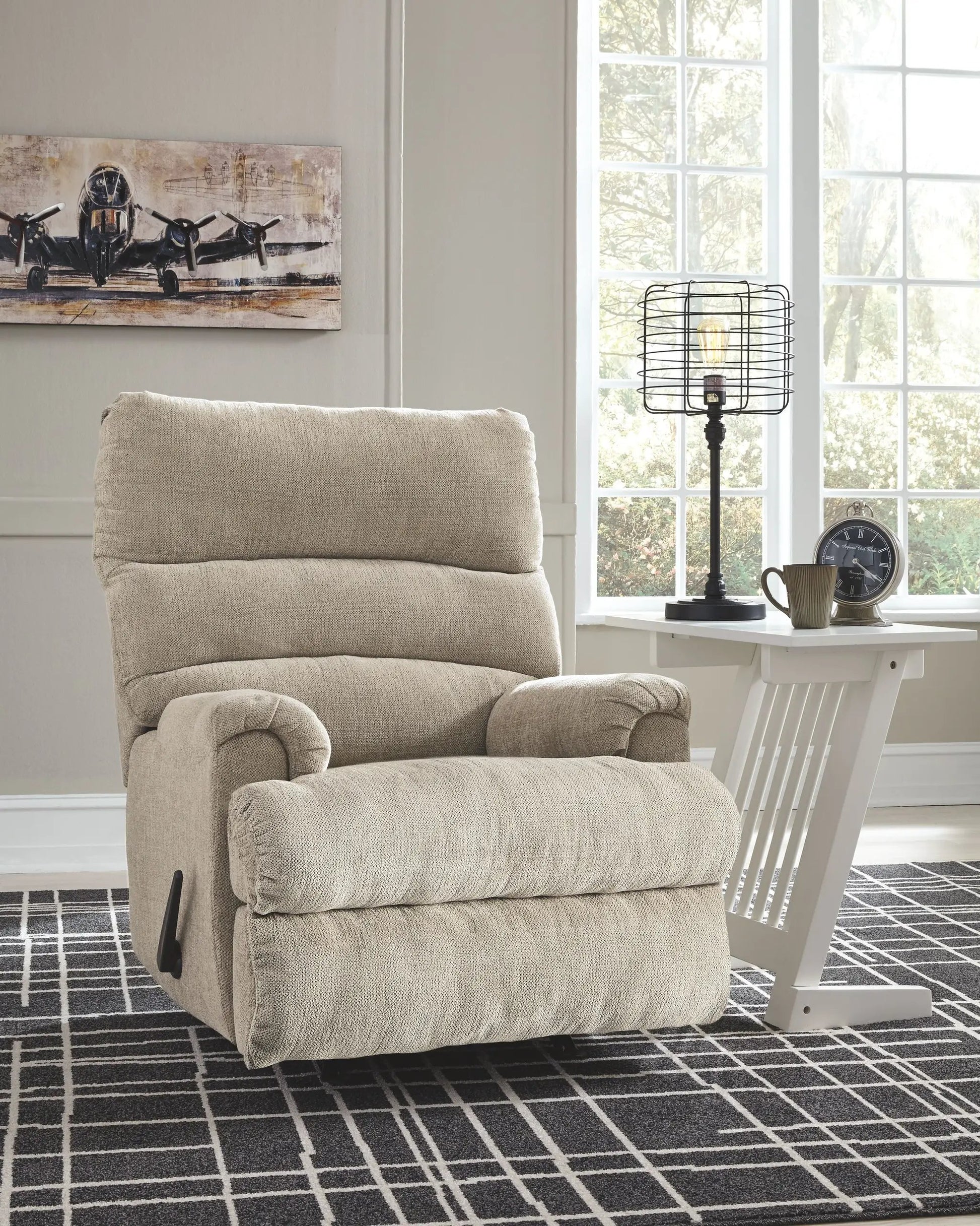 Man Fort Rocker Recliner beige fabric upholstery with side lever in cozy living room on Tampa Home & Garden Store
