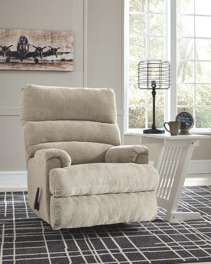 Man Fort Rocker Recliner beige fabric upholstery with side lever in cozy living room on Tampa Home & Garden Store