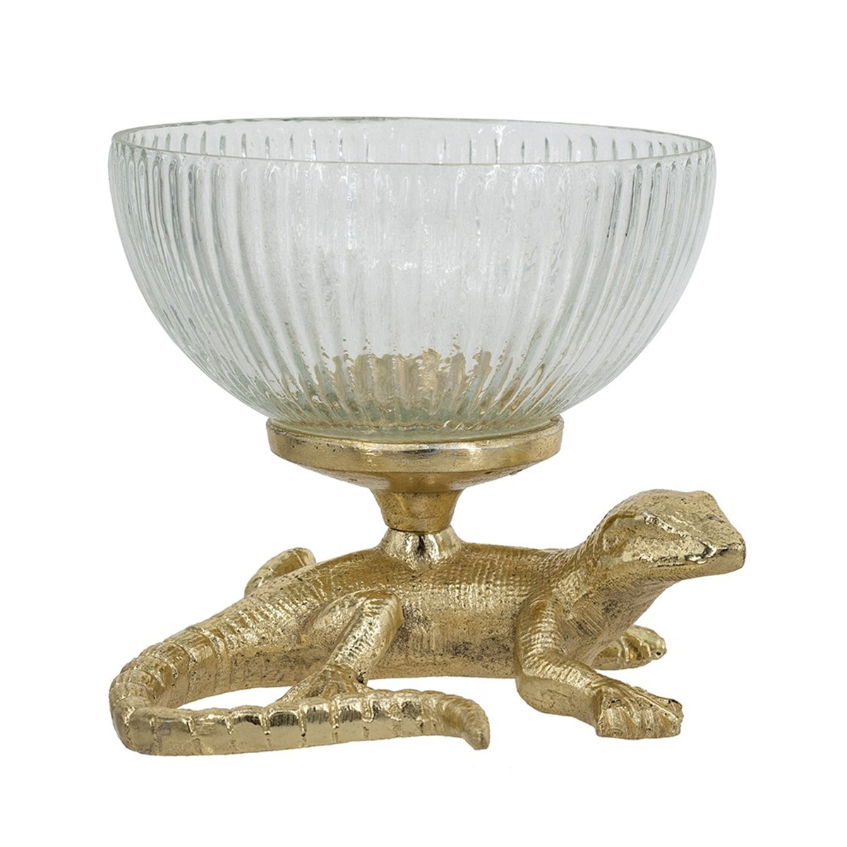 Gold lizard pedestal bowl with ribbed glass dish by HouseOfZazla decorative object on Tampa Home & Garden Store