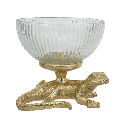 Gold lizard pedestal bowl with ribbed glass dish by HouseOfZazla decorative object on Tampa Home & Garden Store