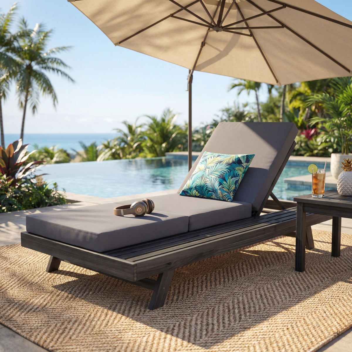 Acacia Wood Outdoor Chaise with Durable Cushion gray cushion and tropical leaf pillow by poolside on Tampa Home & Garden Store