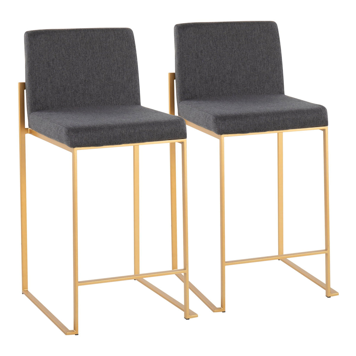Contemporary high back counter stools with grey upholstery and gold metal frames pair on Tampa Home & Garden Store
