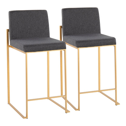 Contemporary high back counter stools with grey upholstery and gold metal frames pair on Tampa Home & Garden Store
