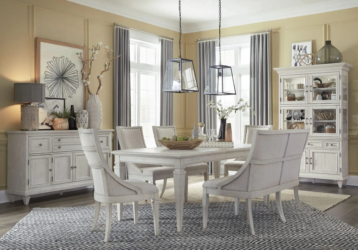 Newport upholstered bench in alabaster with cushioned seat and back Unique Piece Furniture on Tampa Home & Garden Store