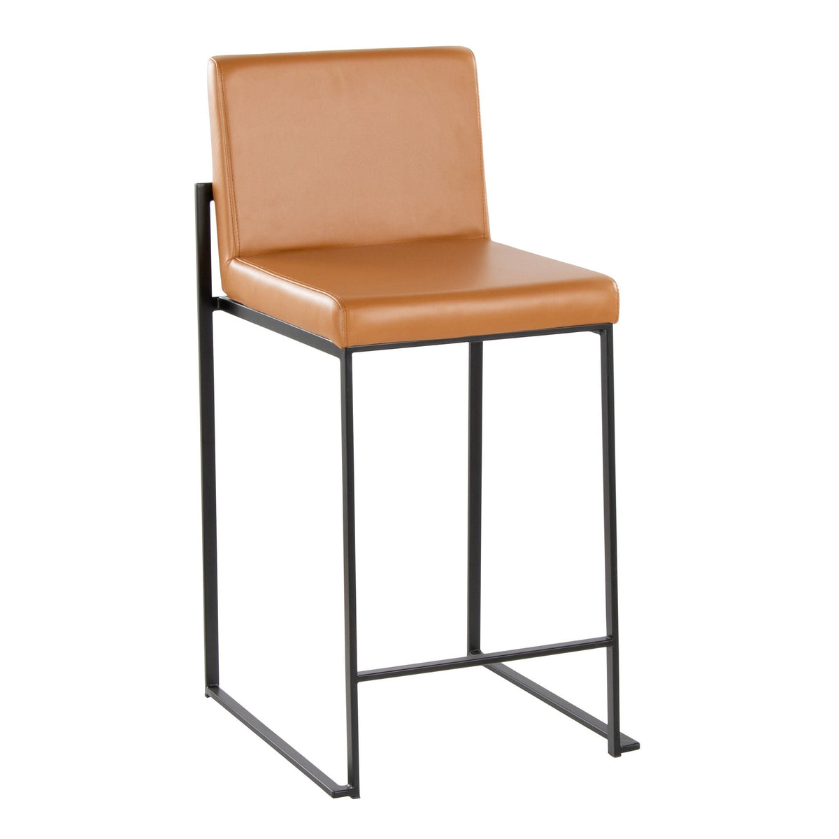 High back contemporary barstool in caramel leather with black metal frame on Tampa Home & Garden Store