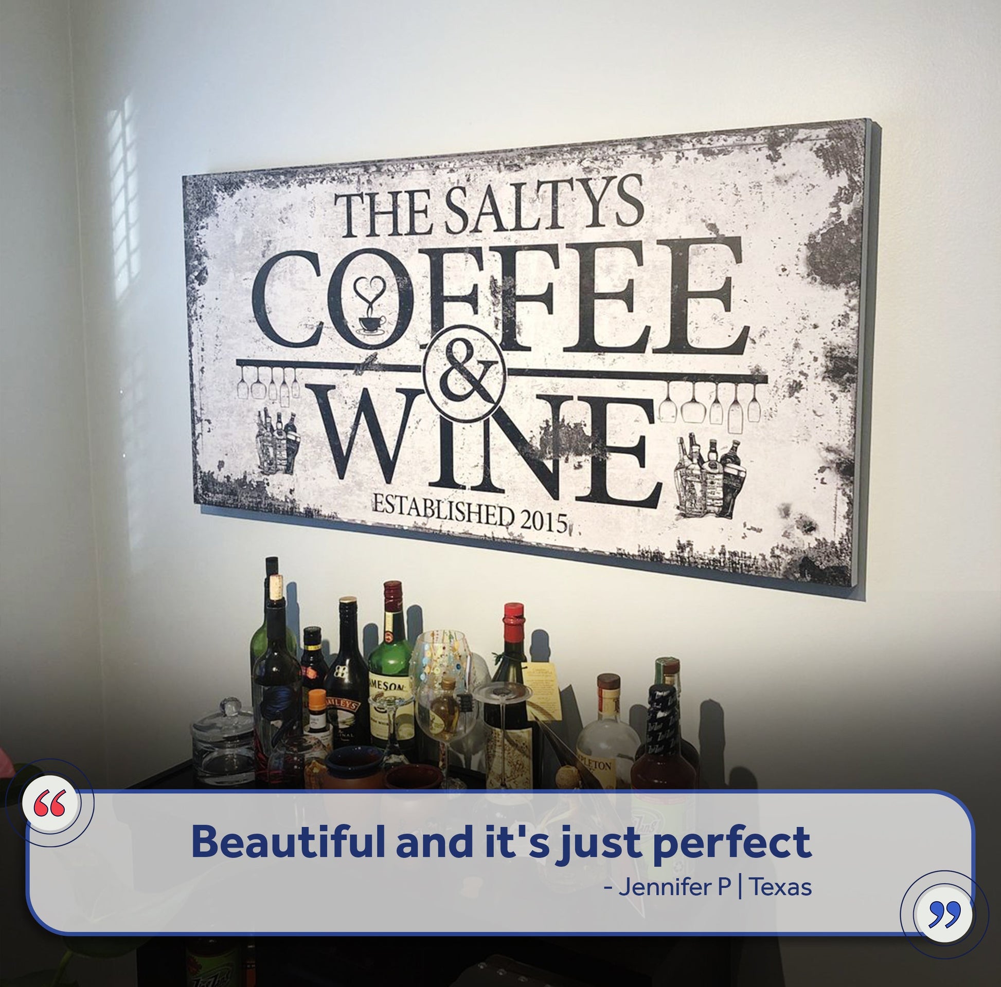 Coffee and Wine sign canvas by Tailored Canvases with distressed grayscale vintage bar icons on Tampa Home & Garden Store