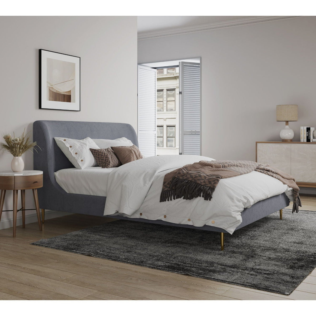 Heather Upholstered Bed With Curved Headboard in gray fabric by HouseOfZazla on Tampa Home & Garden Store