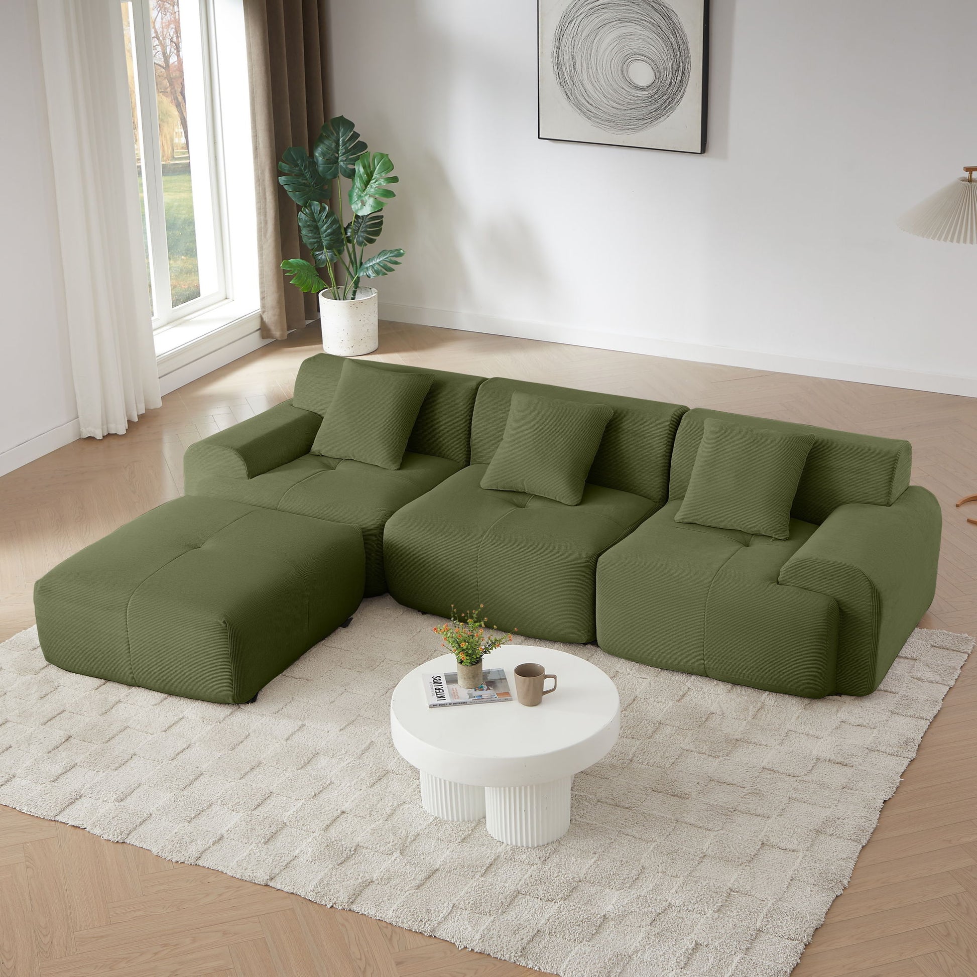 Olive green fabric L-shaped modular sectional sofa with movable ottoman, 2-piece living room set on Tampa Home & Garden Store