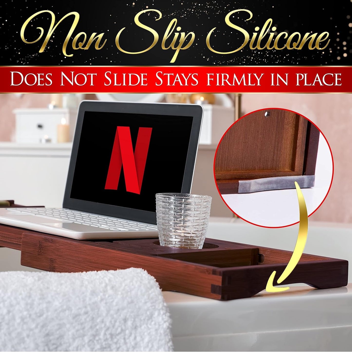 Bamboo Bathtub Caddy Tray – Expandable Waterproof Bath Tray with Wine Glass Holder, Tablet Stand & Removable Accessory Slots – Eco-Friendly, Adjustable & Durable