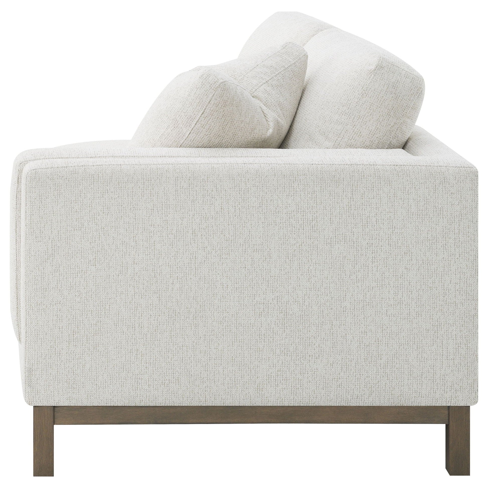 O'Brien sectional sofa with left chaise in sand textured fabric, dark wood legs on Tampa Home & Garden Store