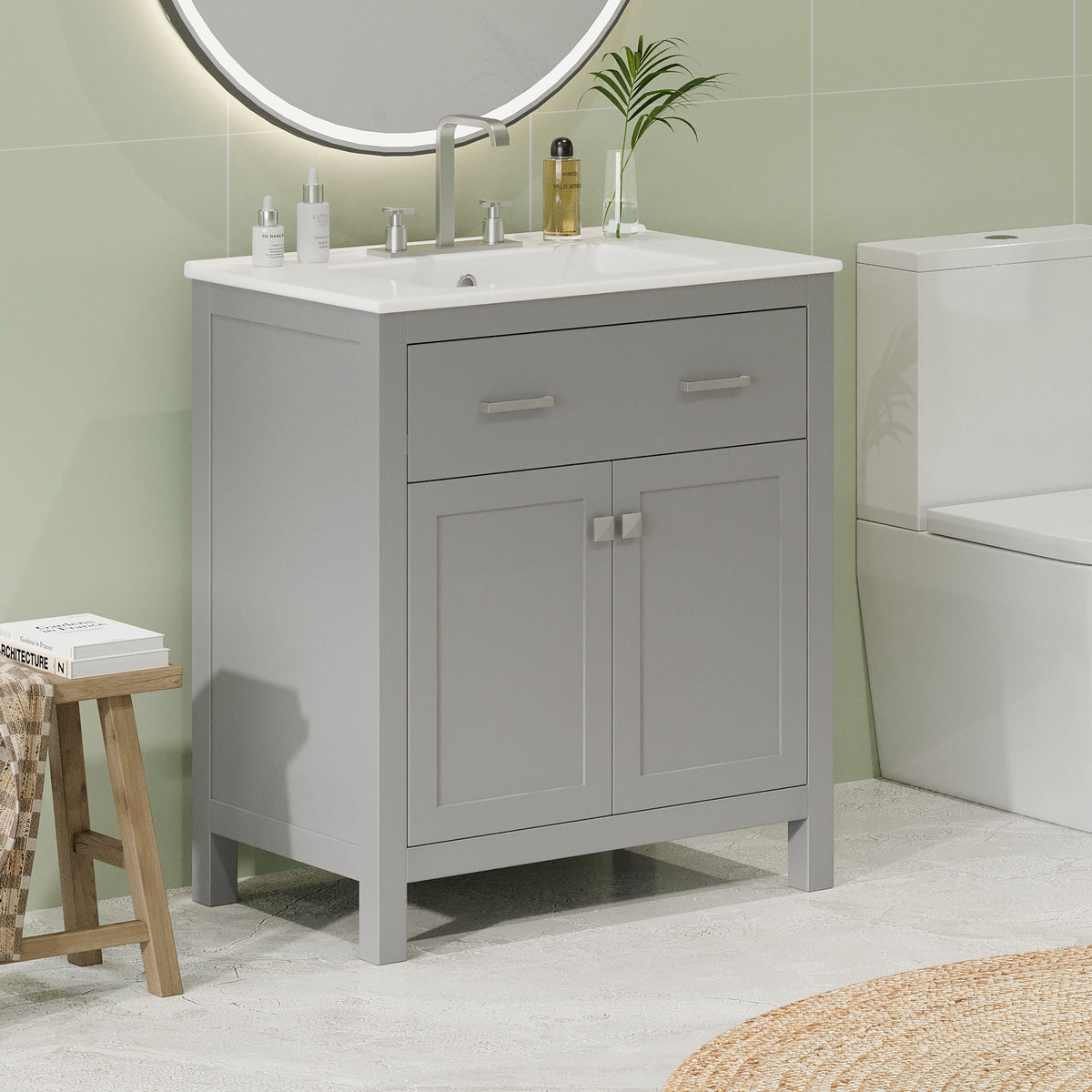 Modern gray bathroom vanity with ceramic sink, soft-close doors, chrome faucet, LED mirror on Tampa Home & Garden Store