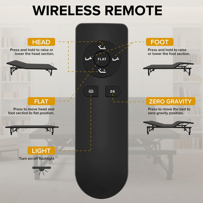 Black wireless remote for HouseOfZazla bed base with flat mode, head/foot tilt, zero gravity on Tampa Home & Garden Store