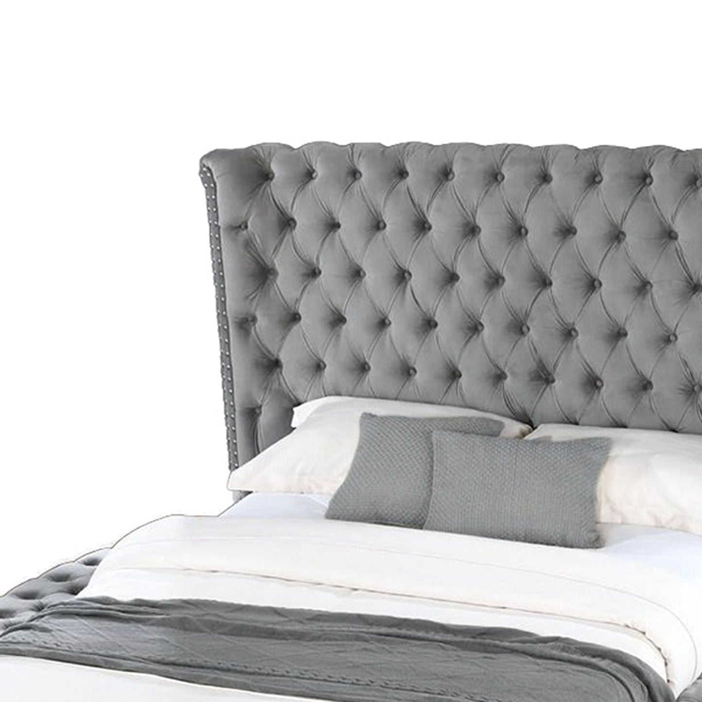 Hazel storage bed with gray tufted upholstered headboard and nailhead trim on Tampa Home & Garden Store
