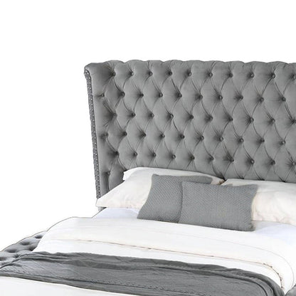Hazel storage bed with gray tufted upholstered headboard and nailhead trim on Tampa Home & Garden Store
