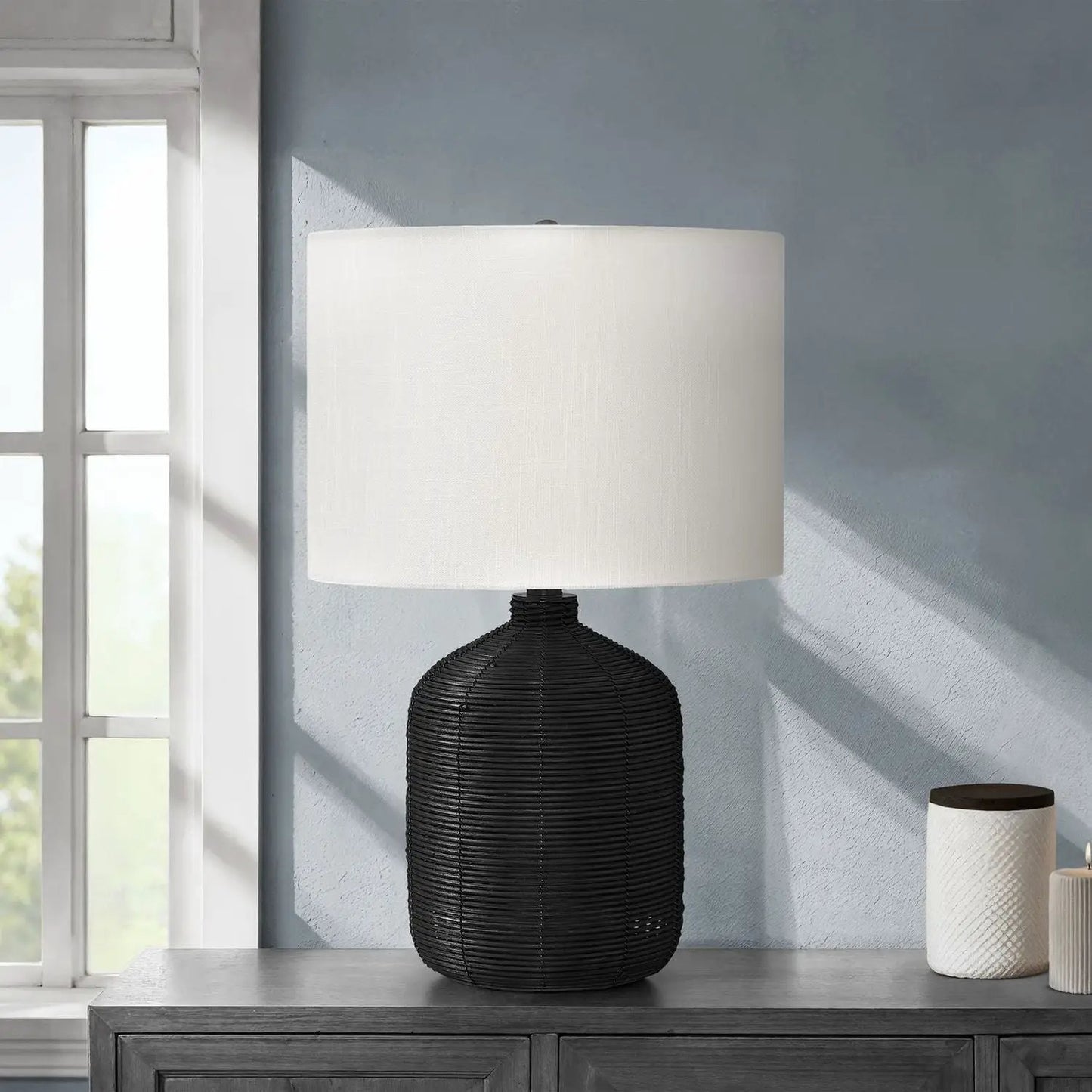 Table lamp with black rattan base and white drum shade, modern style by Unique Piece Furniture on Tampa Home & Garden Store