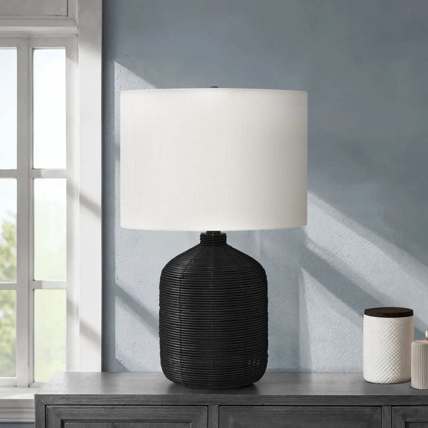 Table lamp with black rattan base and white drum shade, modern style by Unique Piece Furniture on Tampa Home & Garden Store