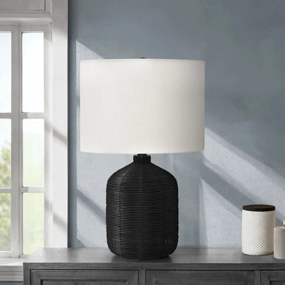 Table lamp with black rattan base and white drum shade, modern style by Unique Piece Furniture on Tampa Home & Garden Store