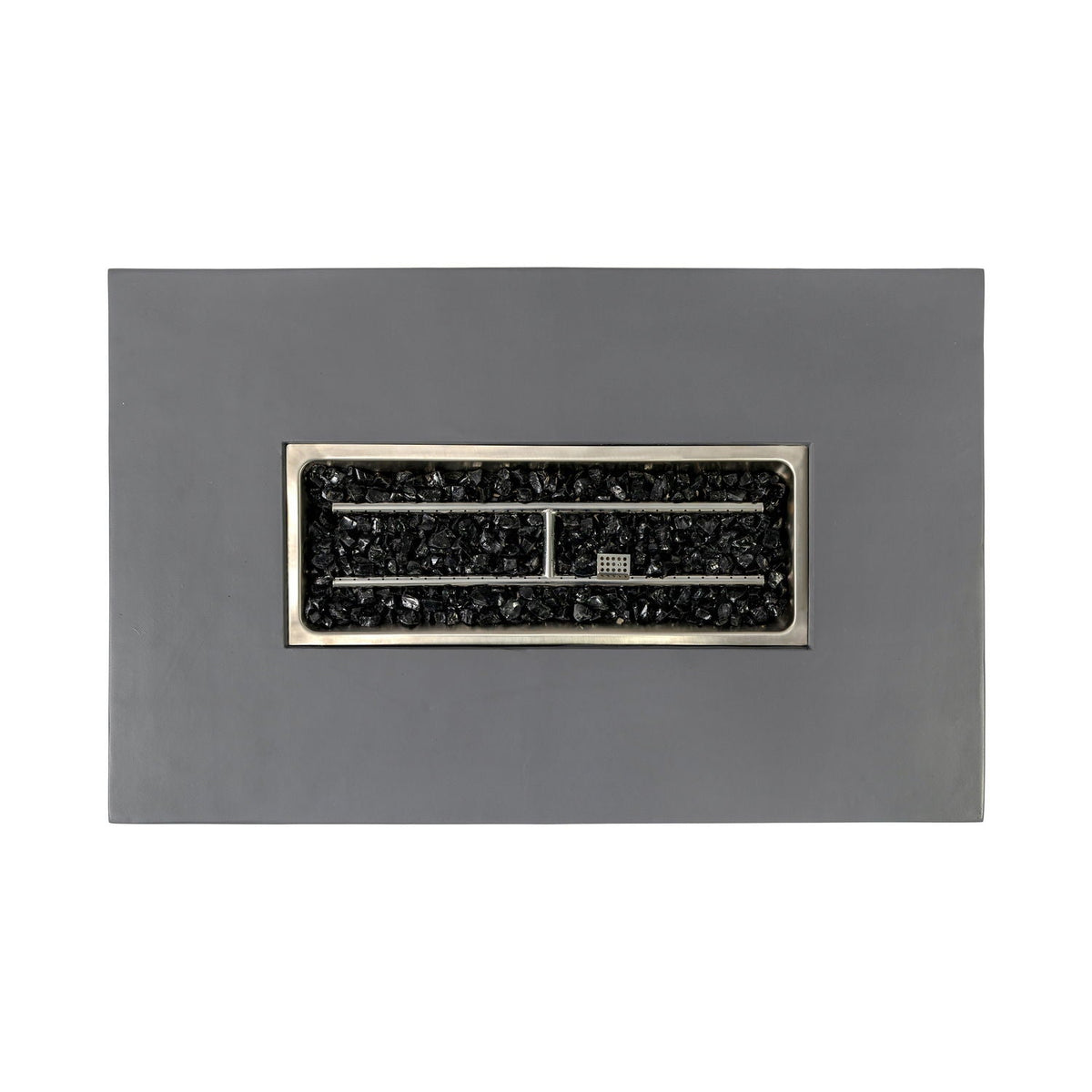 Rectangular light gray fire pit table with brushed metal trim and black lava rock bed on Tampa Home & Garden Store