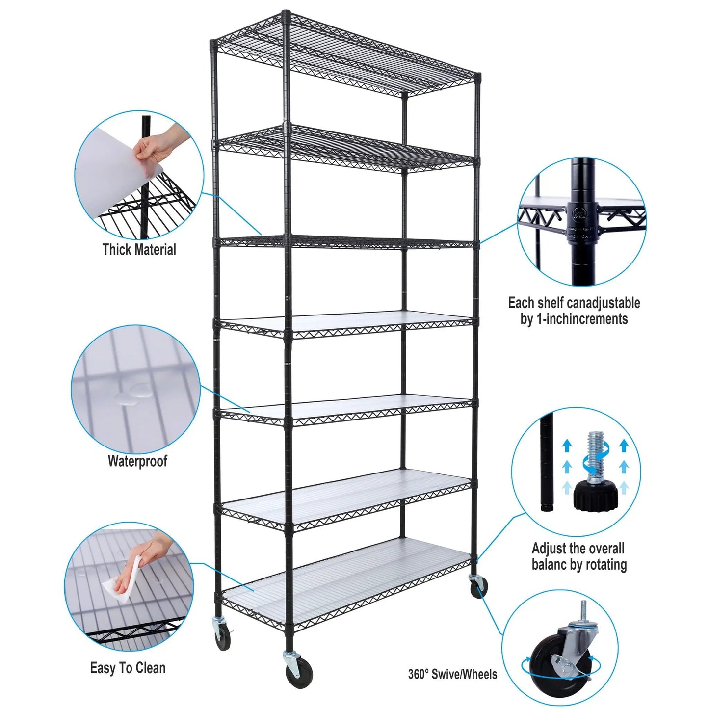 7-Tier Metal Shelf with Wheels, Heavy Duty