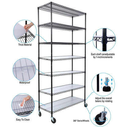 7-Tier Metal Shelf with Wheels, Heavy Duty