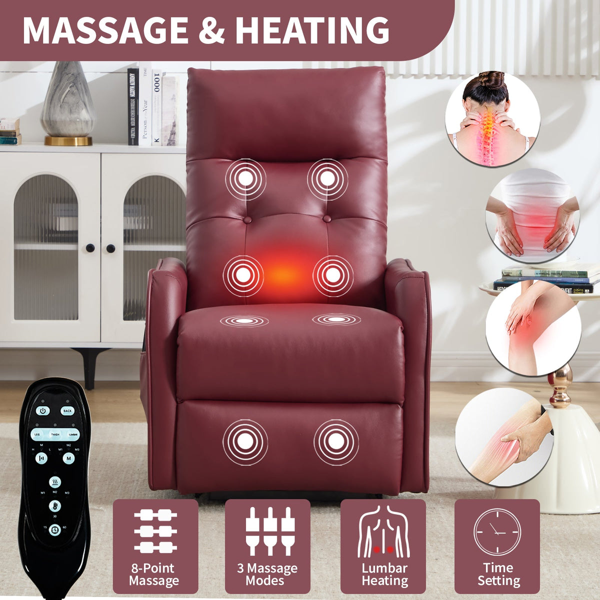 Comfortmax Single Motor Lift Recliner Chair by HouseOfZazla burgundy leather massage zones remote on Tampa Home & Garden Store