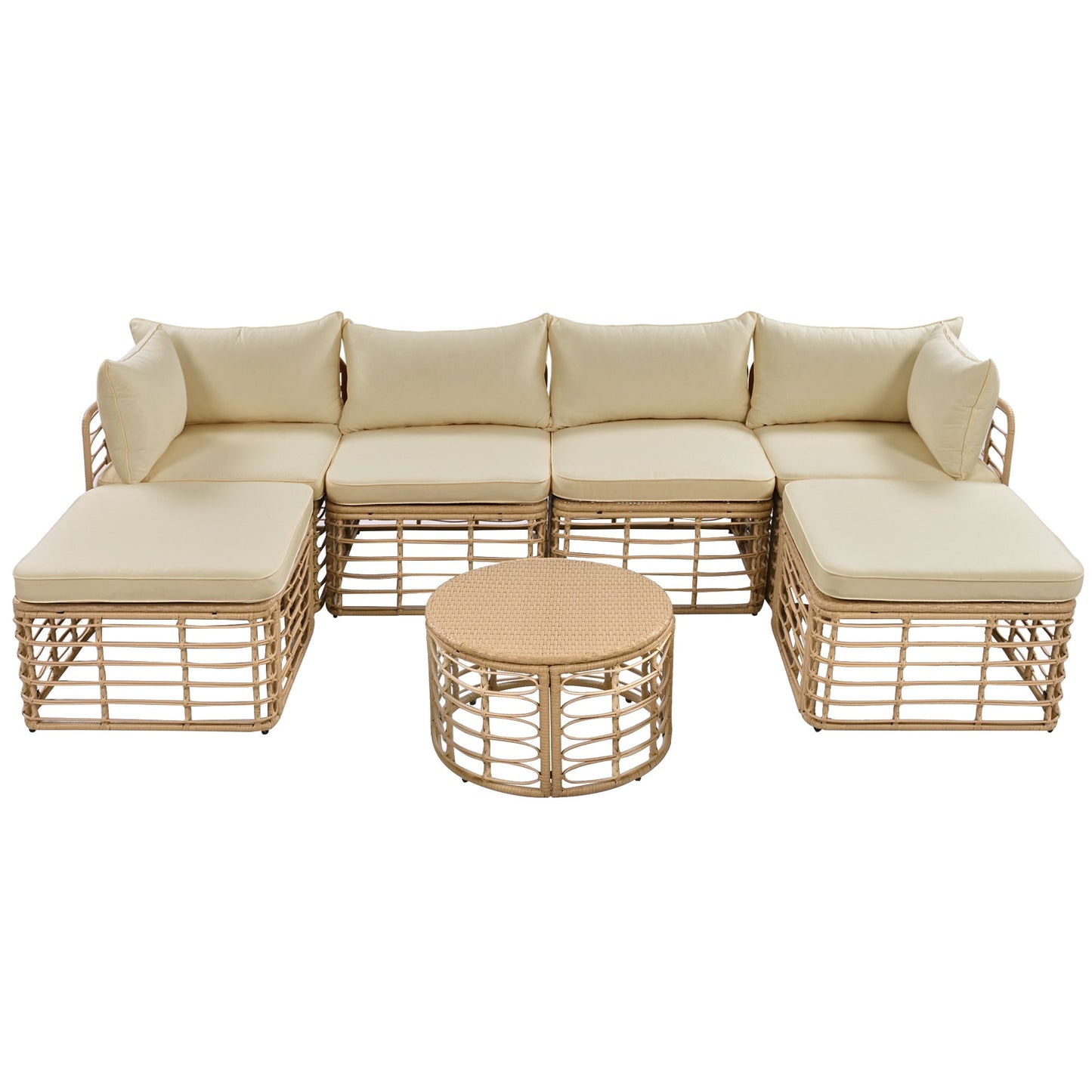 7-piece outdoor all-weather rattan furniture set with beige cushions by HouseOfZazla, sectional sofa and tables on Tampa Home & Garden Store