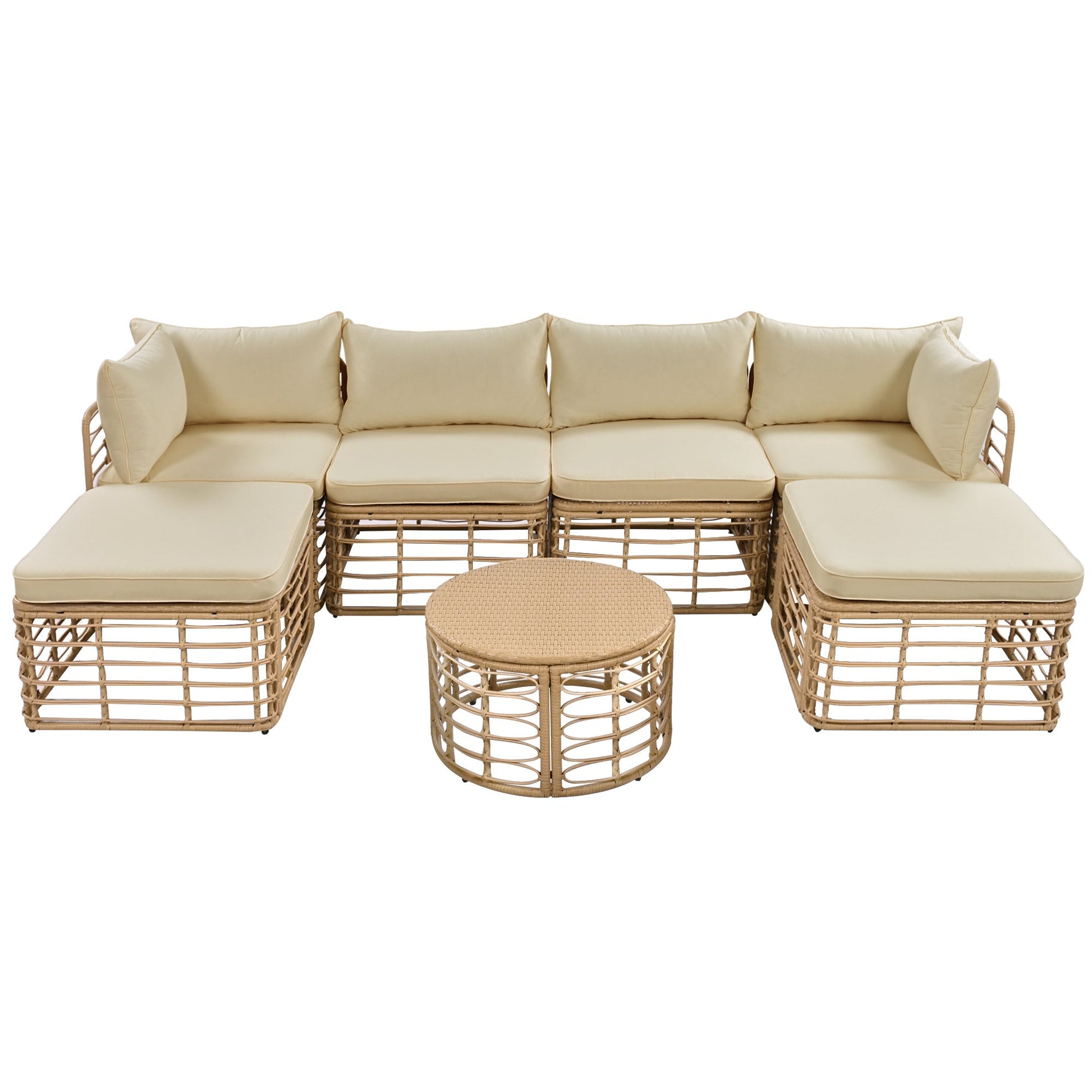 7-piece outdoor all-weather rattan furniture set with beige cushions by HouseOfZazla, sectional sofa and tables on Tampa Home & Garden Store
