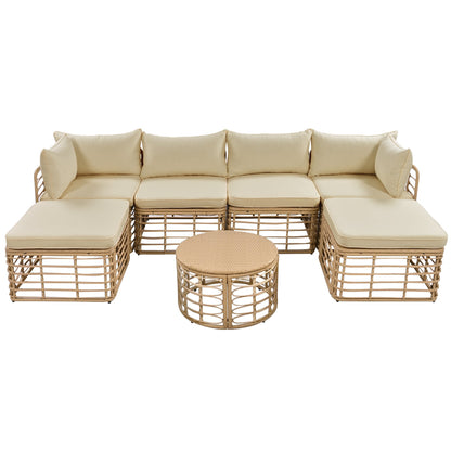 7-piece outdoor all-weather rattan furniture set with beige cushions by HouseOfZazla, sectional sofa and tables on Tampa Home & Garden Store