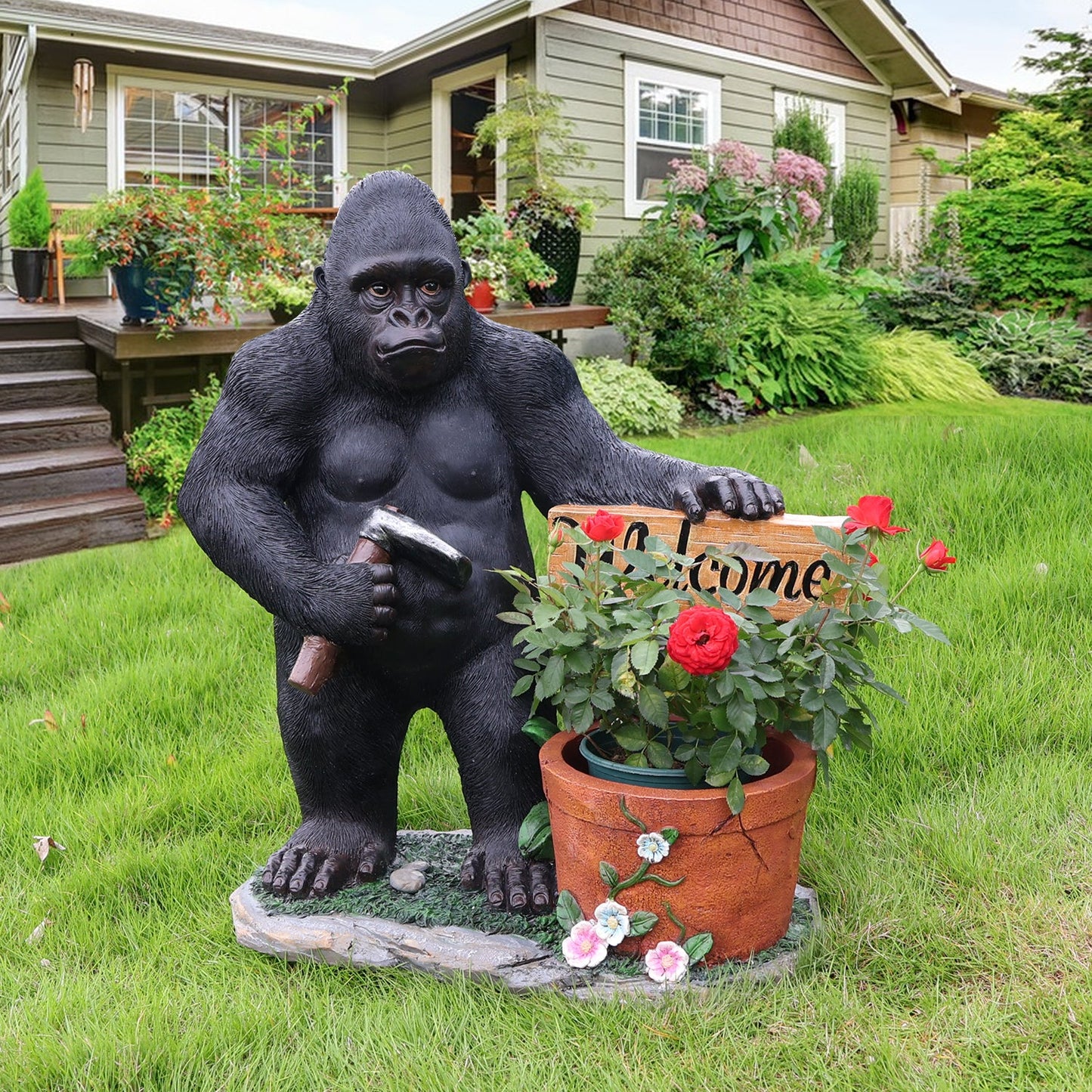 Outdoor garden sculpture chimpanzee planter statue; black finish with flower pot on Tampa Home & Garden Store