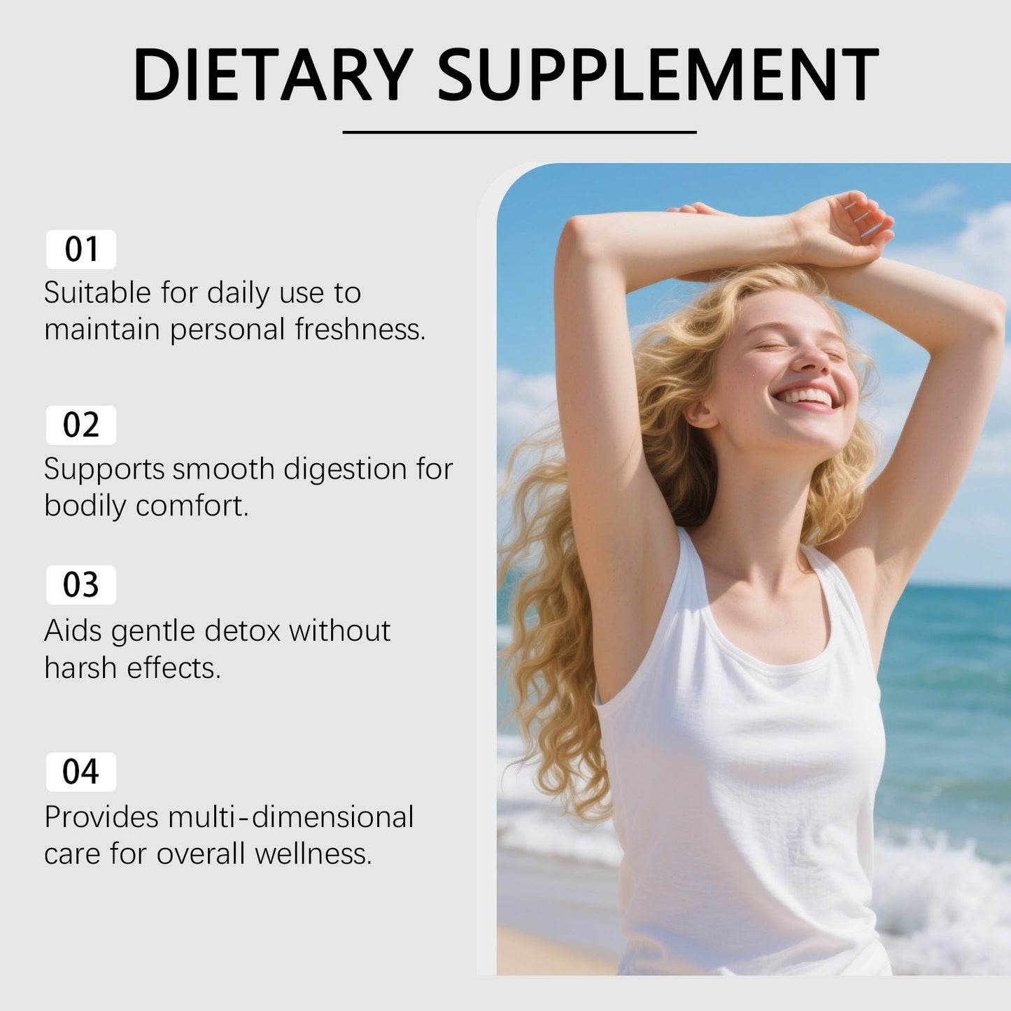 Perfecsy dietary supplement banner with 01–04 benefits beside a joyful beachside woman on Tampa Home & Garden Store
