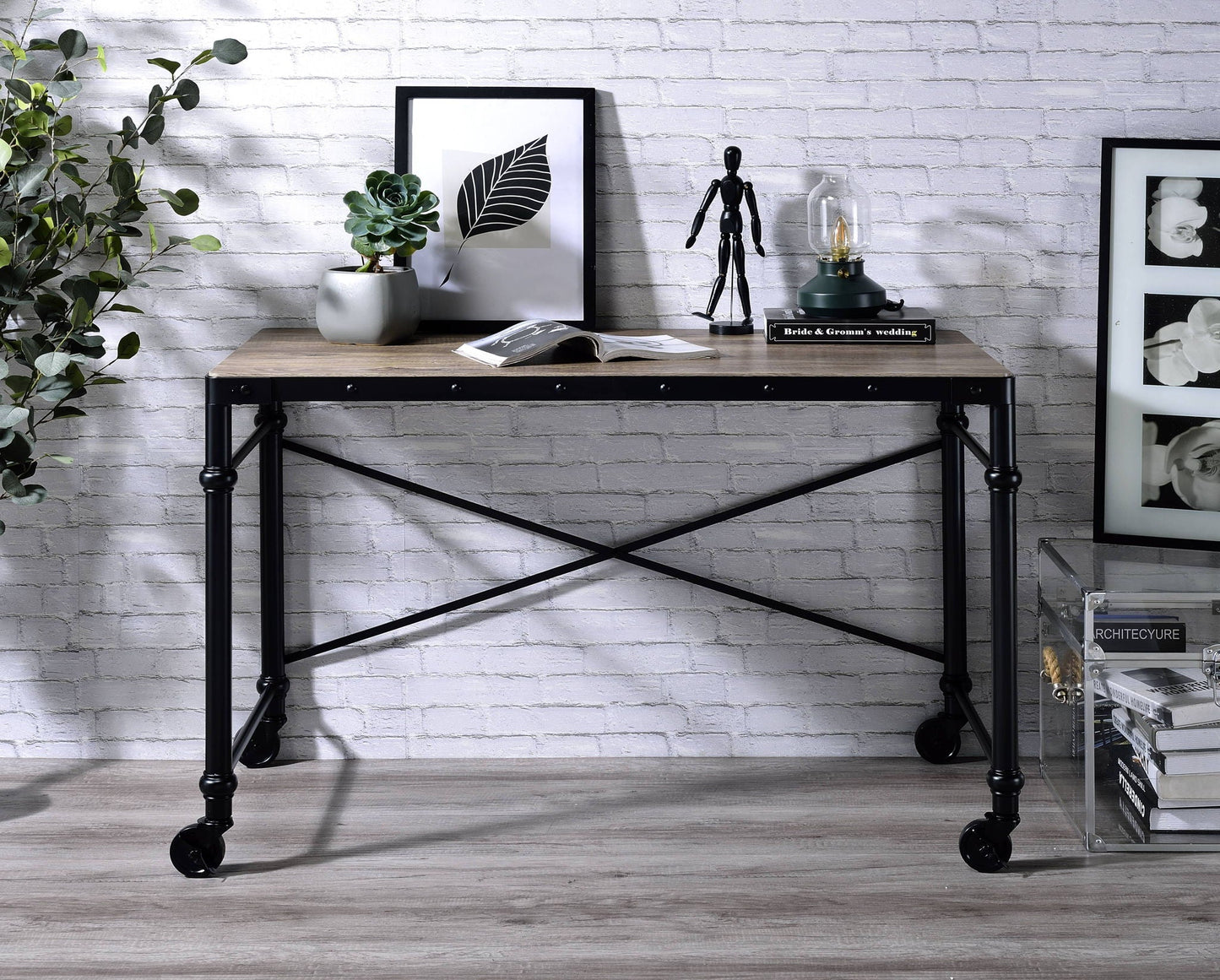 Oklarth Rustic Writing Desk black metal frame with oak top on Tampa Home & Garden Store